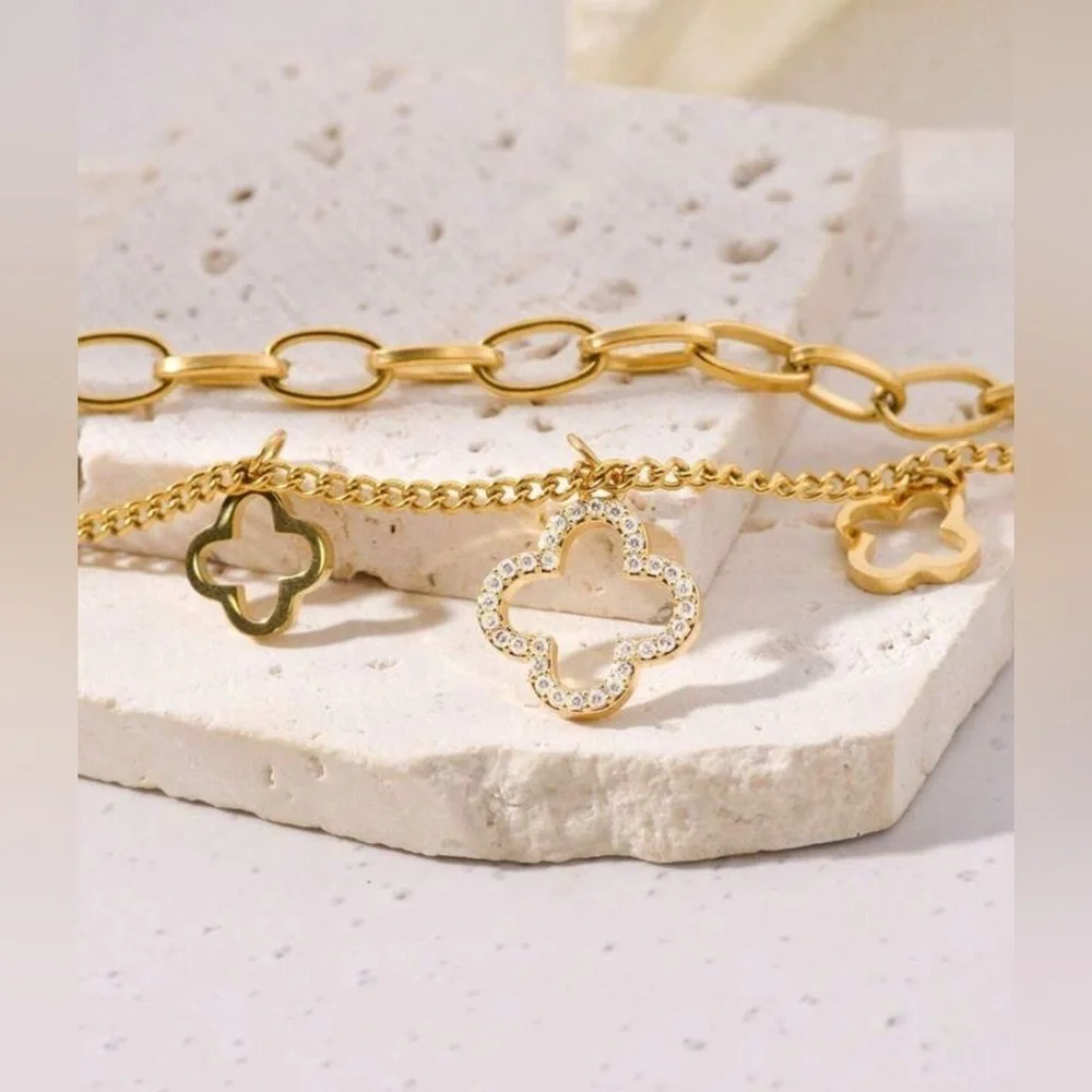 Elegant Gold Bracelet with Motif Flower Charms Double Chain